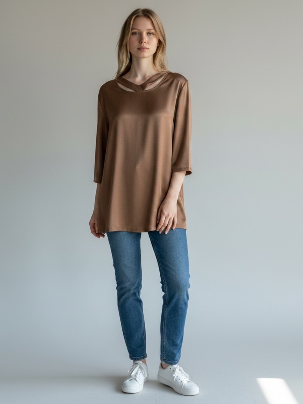 Women’s Brown Cutout Neck Tunic Top